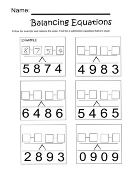 Preview of Balancing Equations Worksheet: Subtraction