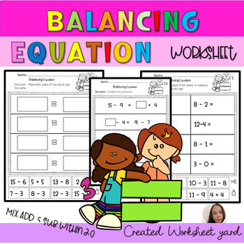 Preview of Balancing Equations first grade Worksheets, Mixed addition and subtraction to 20