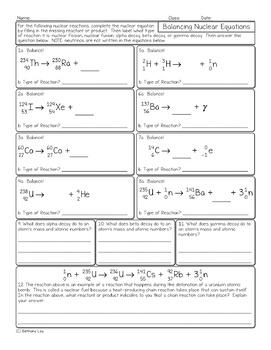 Balancing Nuclear Reactions Chemistry Homework Worksheet Tpt