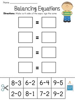 Preview of Balancing Subtraction Equations First Grade Math Worksheets (10 Cut and Pastes)