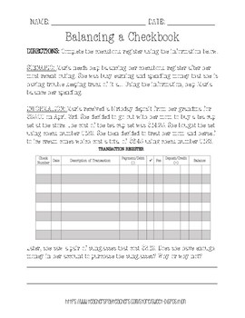 Balancing a Checkbook Sample by Sweet Disposition  TpT