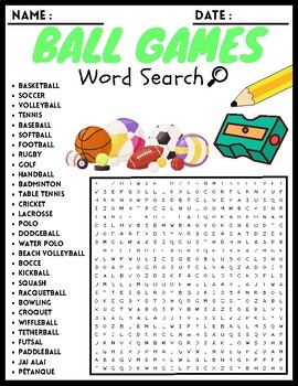 Ball Games word Search Puzzle Worksheets Activities For Kids | TPT