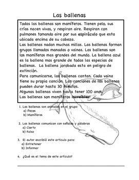 Preview of Ballenas no ficion hoja de trabajo/Whales nonfiction reading passage