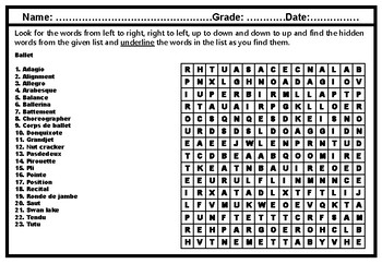 Preview of Ballet, Word Search Puzzle Worksheet, Dance Vocabulary Sub Plan
