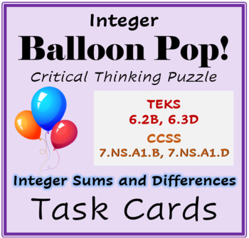 Preview of Balloon Pop Puzzle Task Cards- Integer Sums and Differences