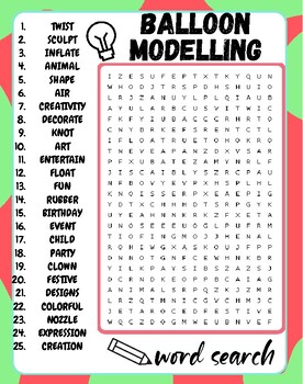 Balloon Modelling Word Search Puzzle Balloon Modelling Word Search Activities