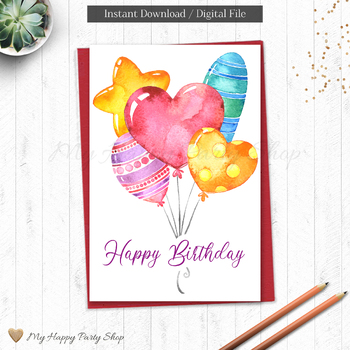 Happy Birthday Watercolor Heart Balloon Greeting Card