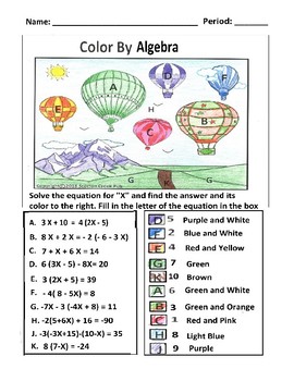 Preview of Balloons Color by Number Algebra Gr. 7-12 ex 3(2X+5)=39