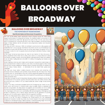 Preview of Balloons Over Broadway Reading Comprehension | Tony Sarg and Thanksgiving
