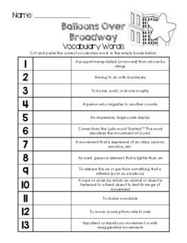 Preview of Balloons Over Broadway - Vocabulary Words