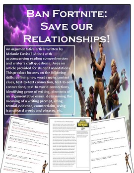 Preview of Ban Fortnite: Save our Relationships!  An Argumentative Essay Activity