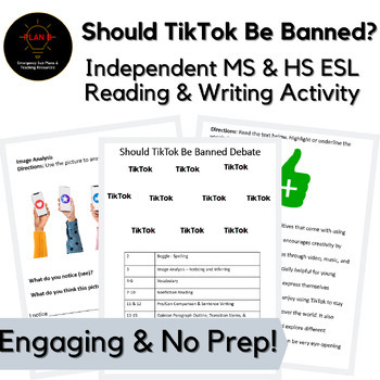 Preview of Ban or No Ban TikTok Debate Middle & High School No Prep ESL Sub Activity Packet