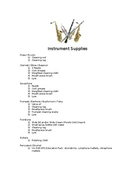 Preview of Band Instrument Supplies List
