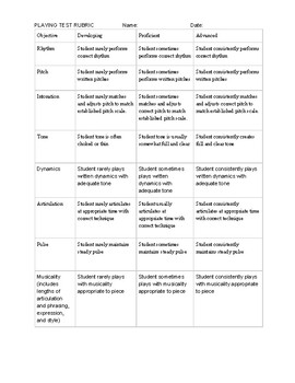 Playing Test Grading Scale by Instrumental Music Band Resources