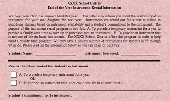 Preview of Band School Instrument Rental Contract - End of Year Summary