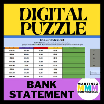 Preview of Bank Statement Digital Math Self Grading Puzzle Plus Printable