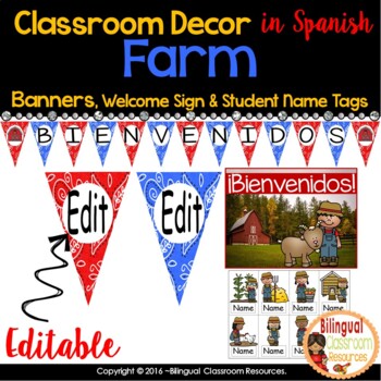 Preview of Banners, Welcome Sign, Name tags in Spanish |  Banderines | Editable |  Farm