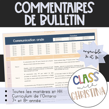 Preview of Banque de commentaires de bulletin - 7e et 8e année - Curriculum de l'Ontario