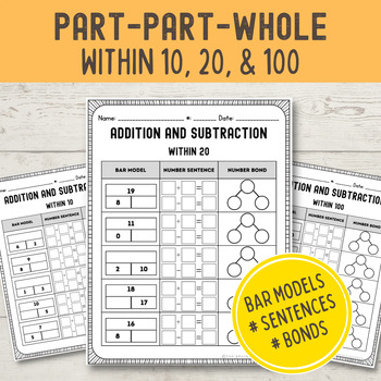 Preview of Part Part Whole Worksheets (Using Bar Models, Number Bonds & Sentences)