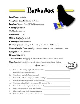 Barbados Information Worksheet by Sunny Side Up Resources TPT