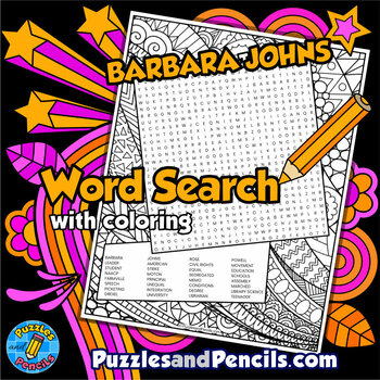Preview of Barbara Johns Word Search Puzzle with Coloring | Black History Month Wordsearch
