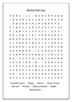 Barbie Doll Day September 6th Crossword Puzzle Word Search Bell Ringer