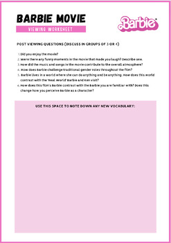 Preview of Barbie Movie Viewing Worksheet