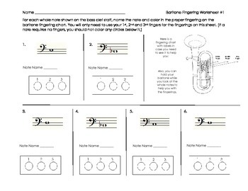 Preview of Baritone/Euphonium Fingering Worksheet for Band Beginners