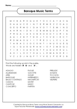 Preview of Baroque Music Terms Word Search