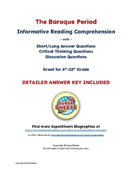 Preview of Baroque Period: Reading Comprehension & Questions w/ Answer Key