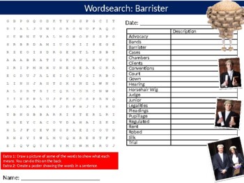 Preview of Barrister #2 Wordsearch Puzzle Sheet Keywords Law Career Legal Studies