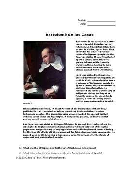 Preview of Bartolomé de las Casas Worksheet