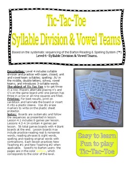 Preview of Barton Level 4 Tic-Tac-Toe, open syllables and vowel teams