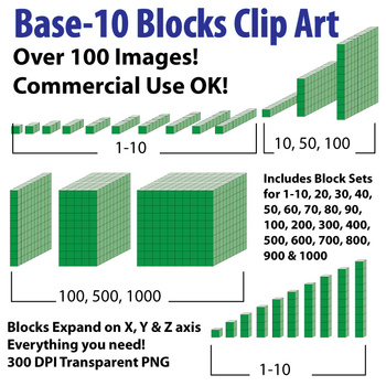 Preview of Base 10 Blocks (Green) - Clip Art - Commercial OK! {Z is for Zebra} - oblique