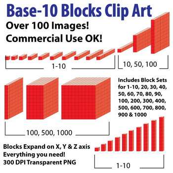 Preview of Base 10 Blocks (Red) - Clip Art - Commercial OK! {Z is for Zebra} - oblique