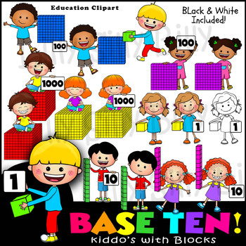 Preview of Base 10 blocks with Kiddo's! - Clipart in Full color and Black/ white.