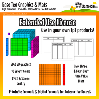 Preview of Base Ten Block Graphics and Mat Set in 12 colors for Commercial Use
