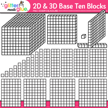Preview of Base Ten Blocks & Cubes Clipart: 2D & 3D Math Manipulatives, Black & White PNG
