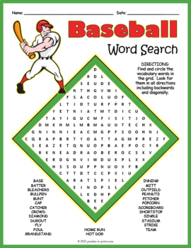 Preview of BASEBALL THEMED Word Search Puzzle Worksheet Activity
