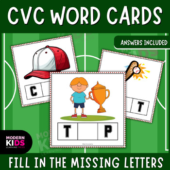 Preview of Baseball CVC Word Cards - Fill in the Missing Letters with Answers