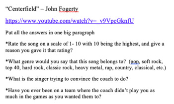 Preview of Baseball - "Centerfield" - John Fogerty song journal writing prompt