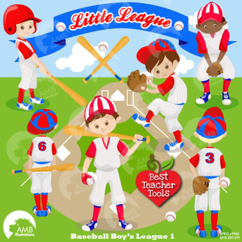 Preview of Baseball Clipart, Sports Clipart, Baseball Boys Clip Art, Blue and Red, AMB-1219