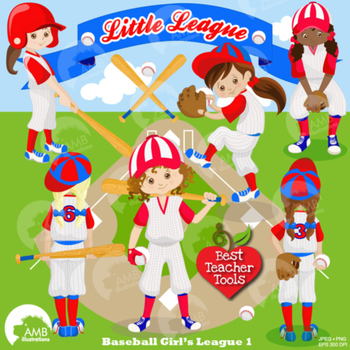 Preview of Baseball Clipart, Sports Clipart, Baseball Girl Clip Art, Blue and Red, AMB-1224