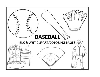 Baseball Coloring Pages / Black & White Clipart, Digital Download, PNG files