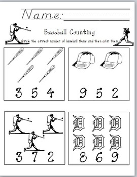 baseball counting and number recognition worksheet by wesley stanton