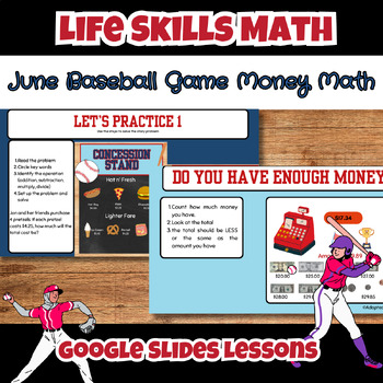 Preview of Baseball Game Life Skills Functional Money Math Digital Lessons Special Ed ESY