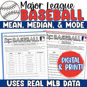 Preview of Baseball Math Mean, Median, Mode - MLB Baseball Measures of Central Tendency
