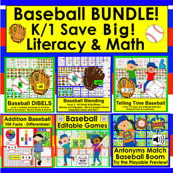 Preview of Baseball Math and Literacy Activities Bundle Value for K/1 + Bonus Boom Cards