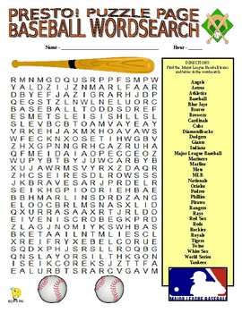 Baseball Teams Puzzle Page (Wordsearch and Criss-Cross) by PRESTO