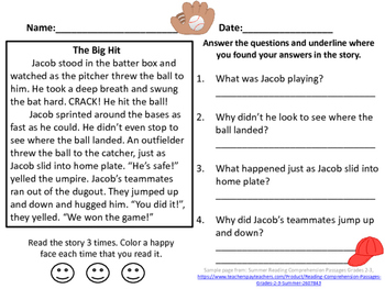 Preview of Baseball Reading Comprehension Passage Grades 2-3